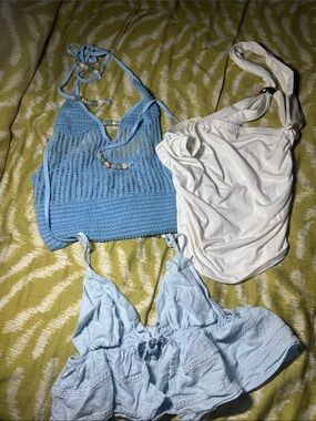 Light Blue Crochet Halter Top & White Twist Shoulder Tank Bundle